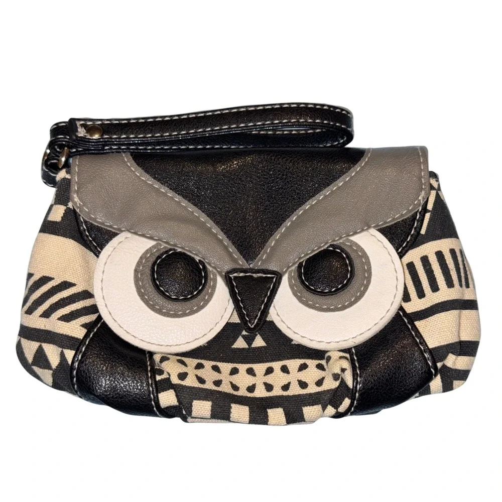 Owl Wristlet Clutch Bag Geometric Canvas Faux Leather Black White Gray Mini Bag